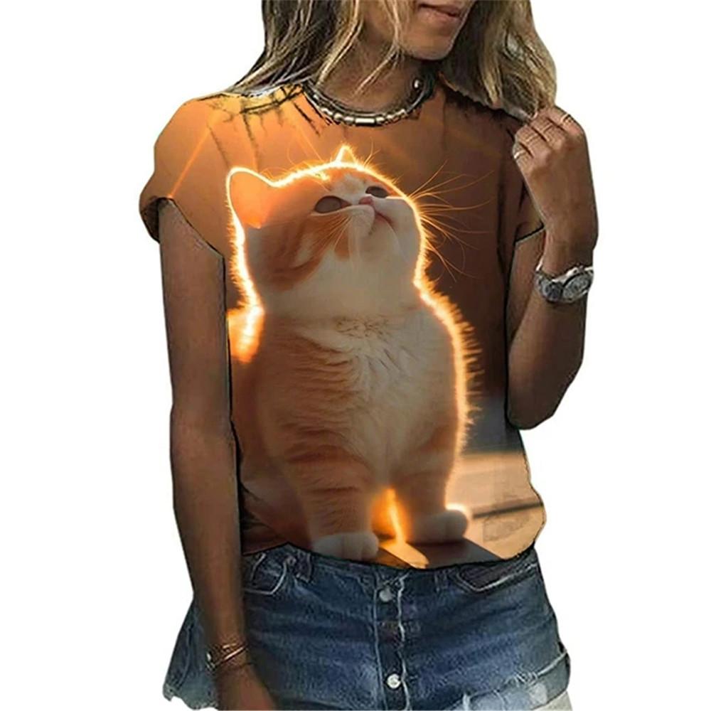 T-Shirt für Damen Sommer Niedlicher Katzen-Print O-Ausschnitt Klein Frisch Harajuku Lässig Pullover Gestreift Grafik Damen Streetwear Damen Oberteile