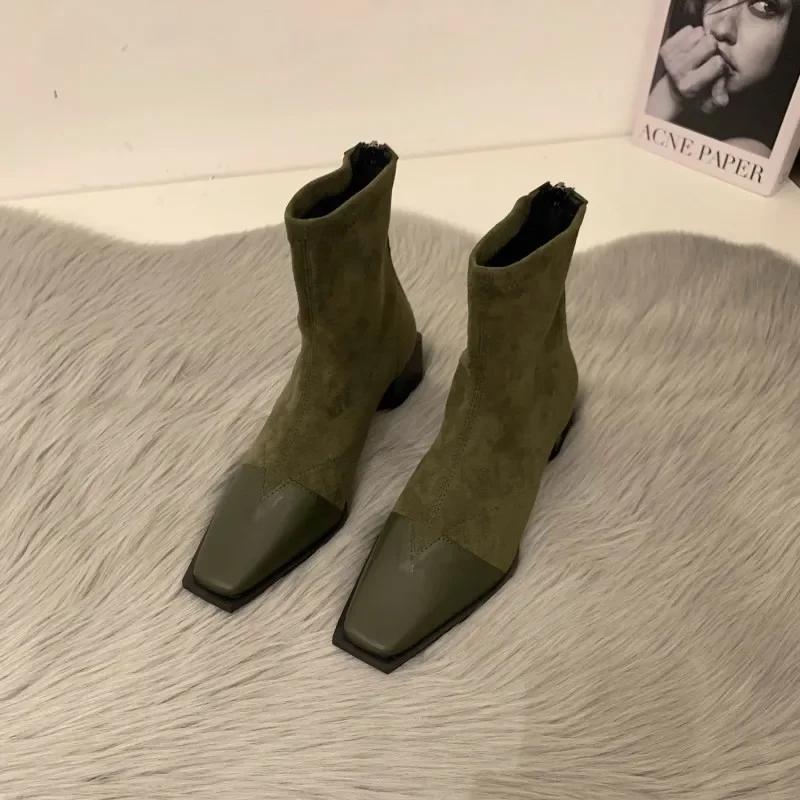 

Новые осенне-зимние женские ботильоны Модные меховые замшевые на высоком каблуке Короткие ботинки Женская обувь Дамские элегантные с квадратным носком Римские ботильоны 38 зелёный