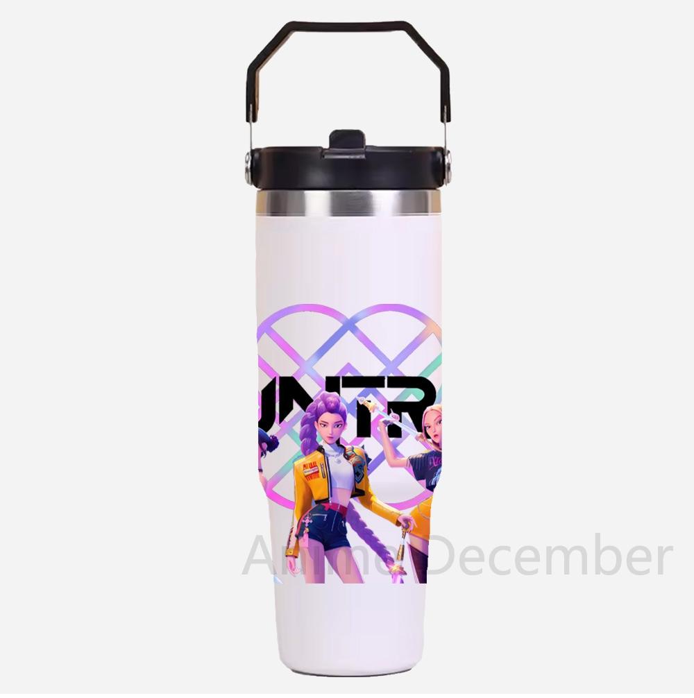 30Oz Anime K-Pop Large Capacity Portable Car Cup Stainless Steel Thermos Cup with Straw Handle Travel Sports Water Bottle Vacuum Flask