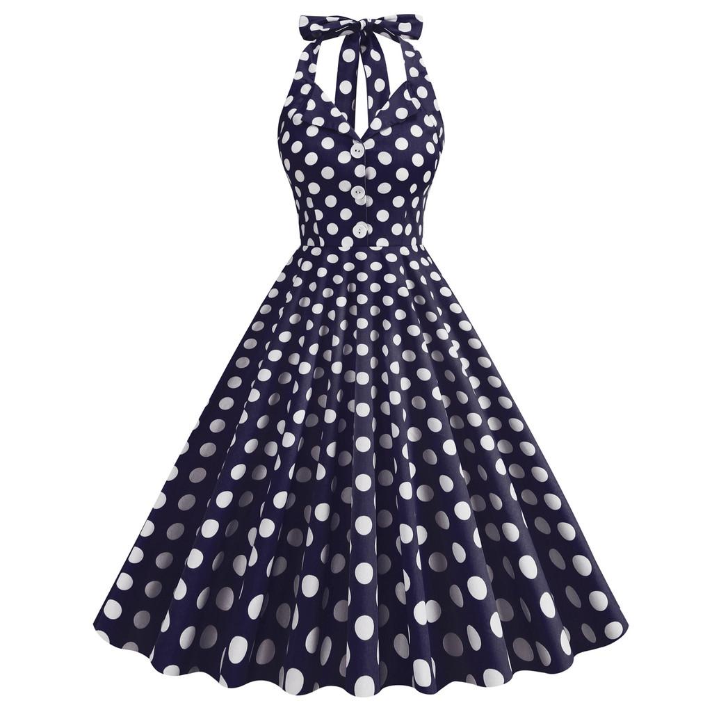 Vintage Dot Print Vneck Sleeveless Midlength Dress For Women