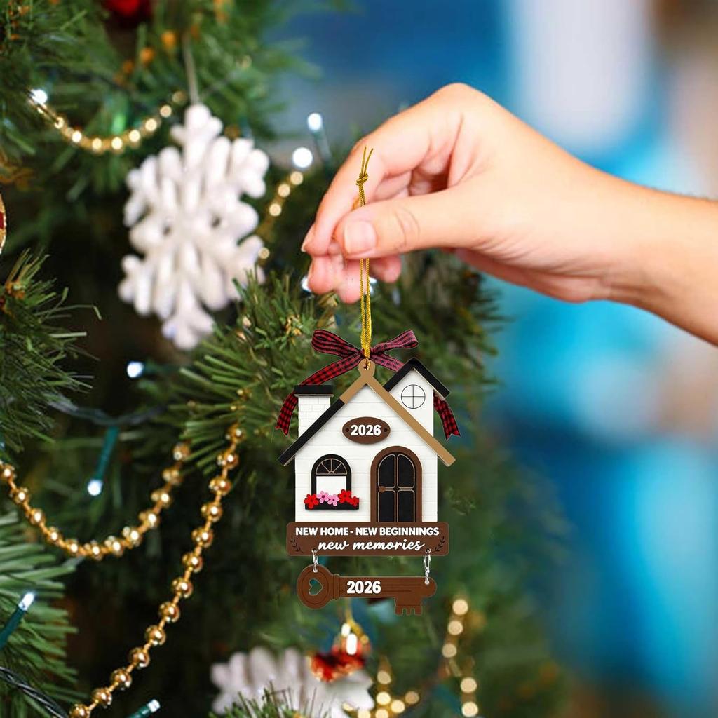 New Home Housewarming Gifts 2026 - Rustic Wood House Ornament with Key Charm & Buffalo Plaid Bow - 3.9" Closing Gift, Present for Homeowners Moving