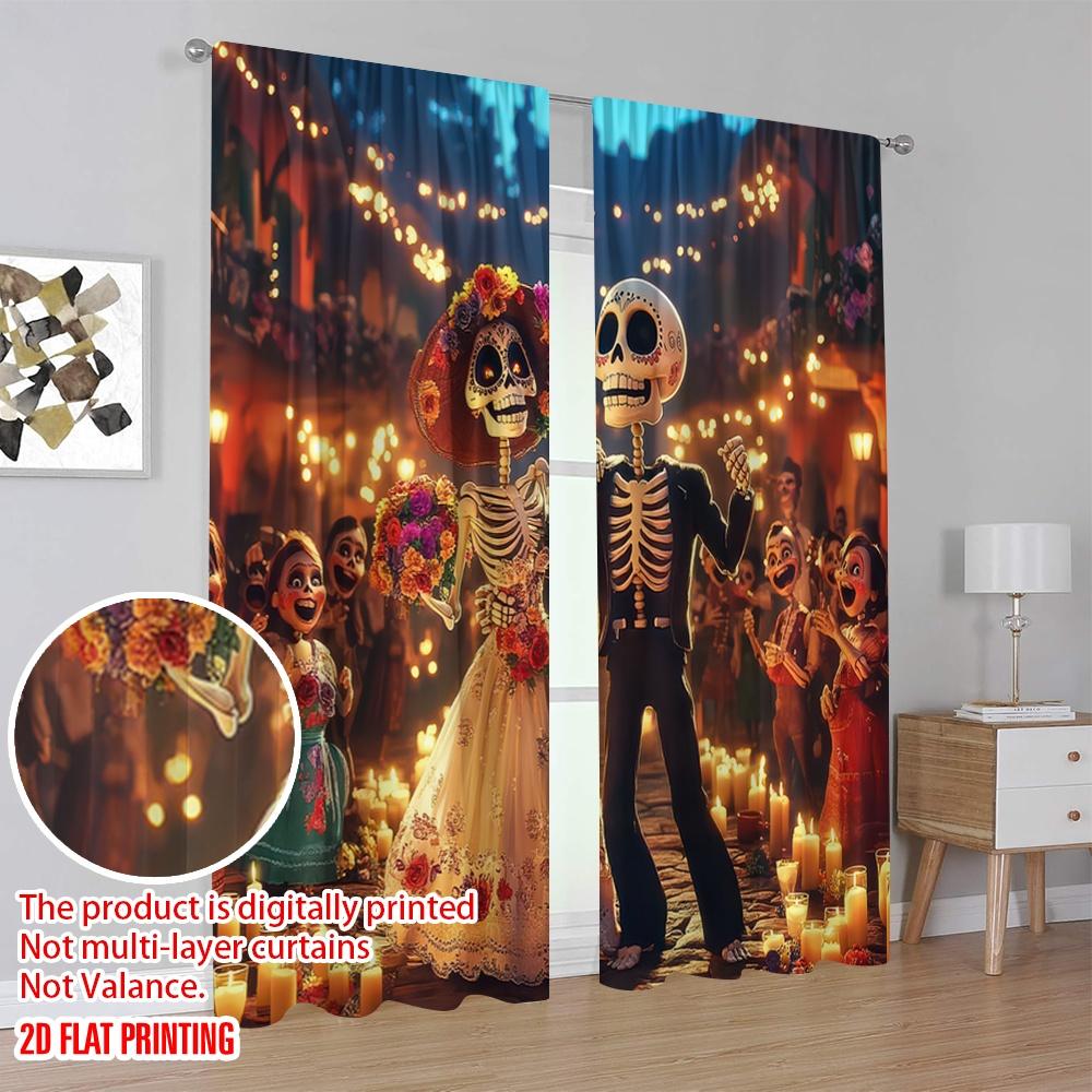 Flat Printing Colorful Day Dead Scene Curtain Flowers Versatile Polyester Without Electricity Curtains Set Of 2 Made