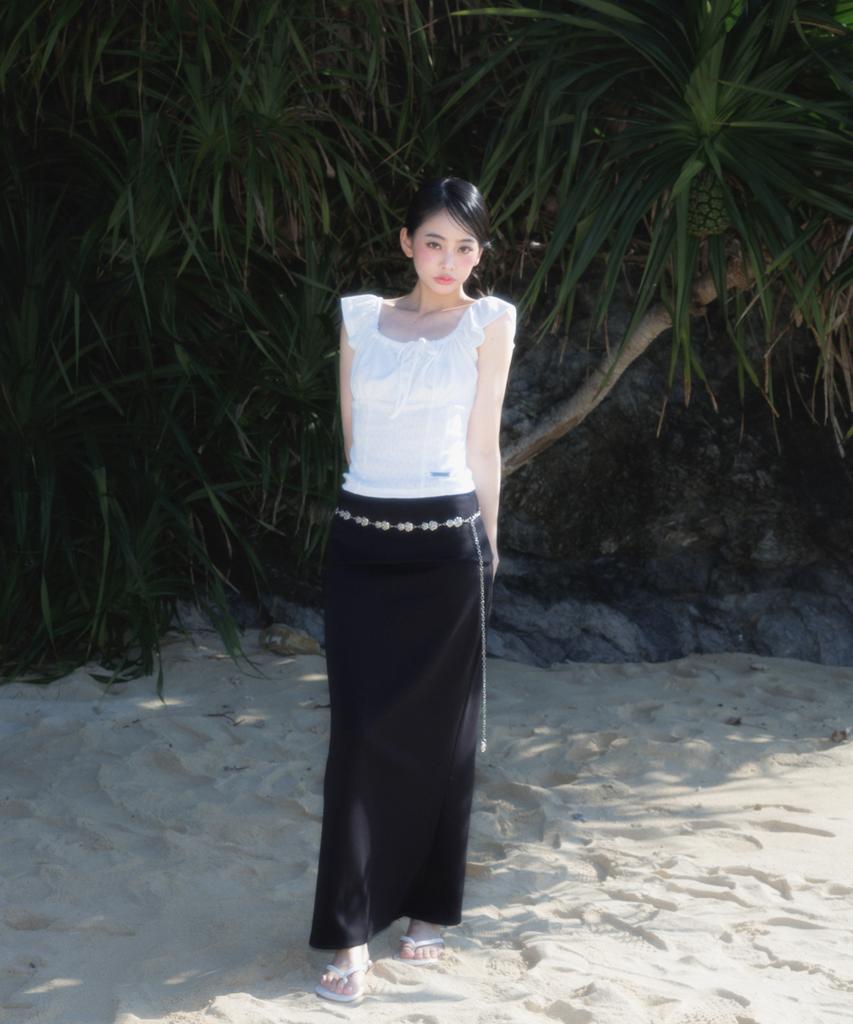 Rose Franz Folding Waist Maxi Long Skirt [Black]