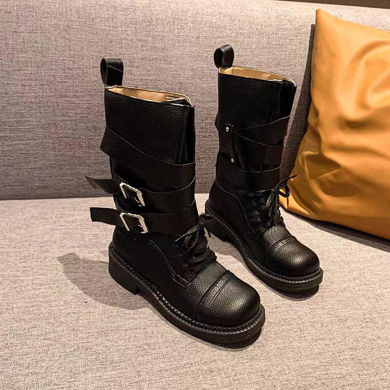 Thick heel belt buckle literary retro Martin boots soft and comfortable western cowboy boots medium tube desert pile leather women's boots