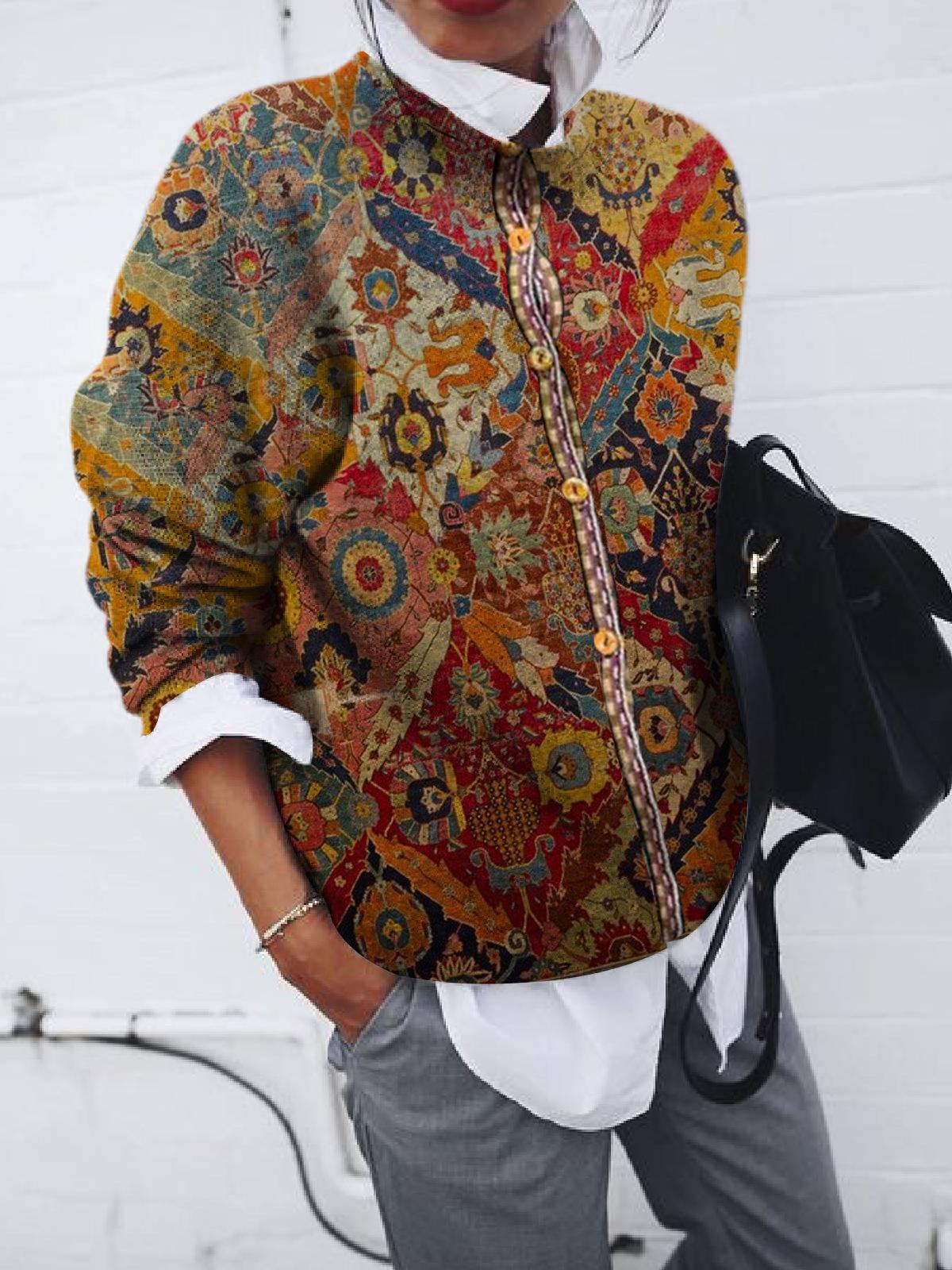 Женский кардиган с круглым вырезом и длинным рукавом, свободный крой, уличный стиль, вязаный топ из смесовой кашемировой пряжи, геометрический принт, на одной пуговице, средней длины, повседневная куртка S оранжевый