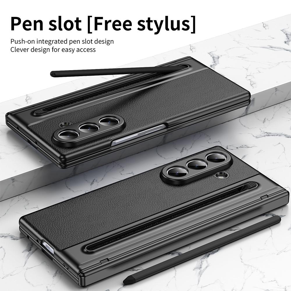 Plating Leather Hinge Case For Samsung Galaxy Z Fold 7 6 5 With Screen Glass Film All Inclusive Pen Slot Fold7 Protective Cover