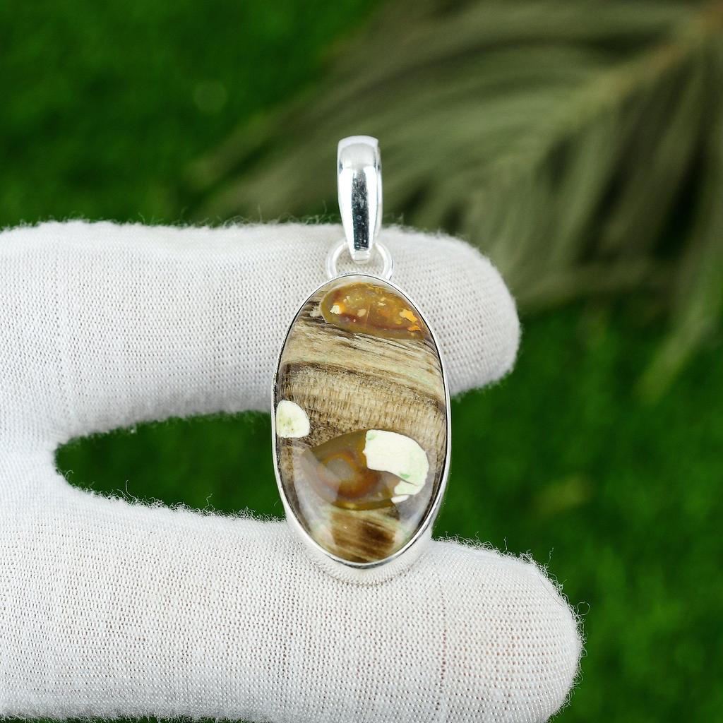 925 Sterling Silver Oval Peanut Wood Jasper Gemstone Anniversary Bezel Pendant