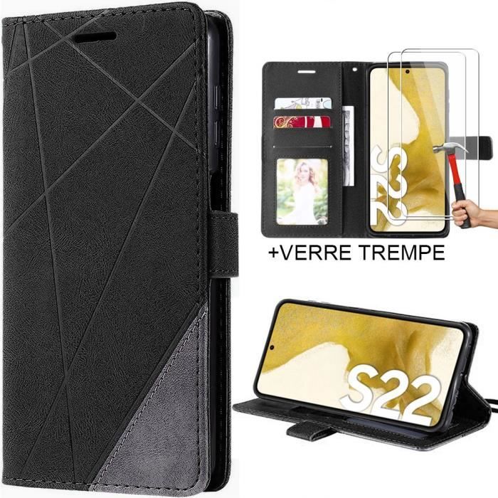Coque Flip Case avec 2 Verres Trempés pour Samsung Galaxy S22 - Effect Cuir Noir