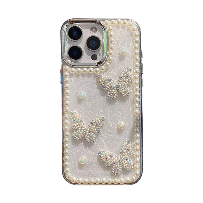 Applicable To Apple 16Promax Mobile Phone Case Iphone15 Xiaoqing Fresh Air 17 Pearl Transparent Butterfly Glitter
