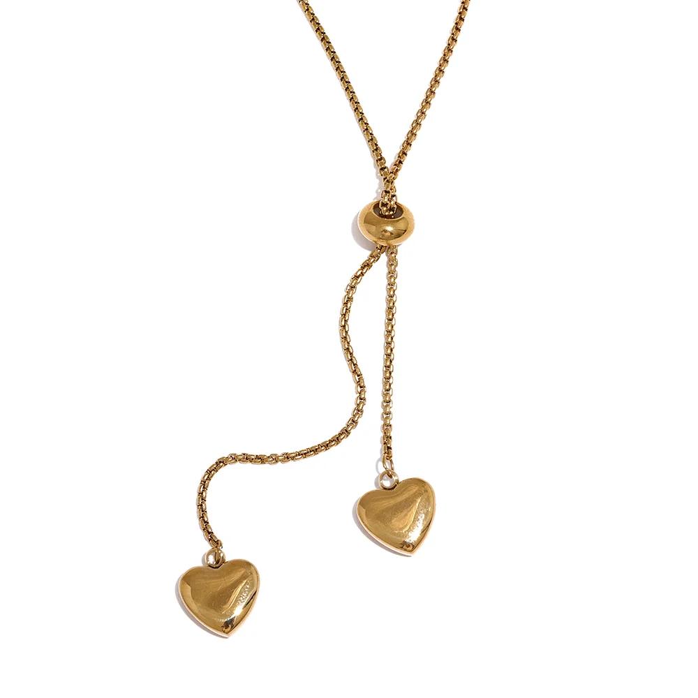 

Yhpup Heart Long Pendant Stainless Steel Gold Color Pull-out Type Necklace Rust Proof Trendy Korean Jewelry Bijoux Femme