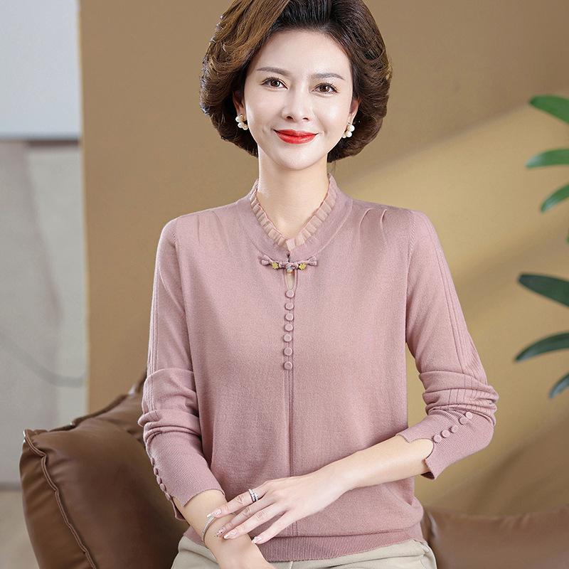 Spring Long-Sleeved T-shirt for Middle-aged Women - Stylish Base Layer for 50s & 60s