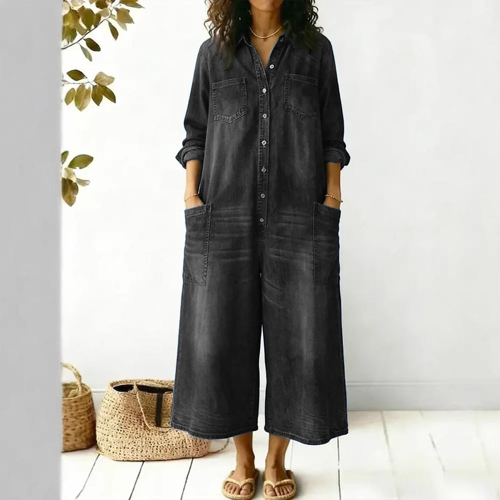 Fashionable Women's Spring And Fashion Sexy Single Breasted Shirt Loose Jumpsuit