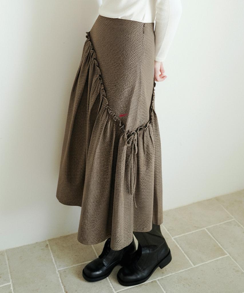HEEARI Bliss Check Long Skirt_Brown