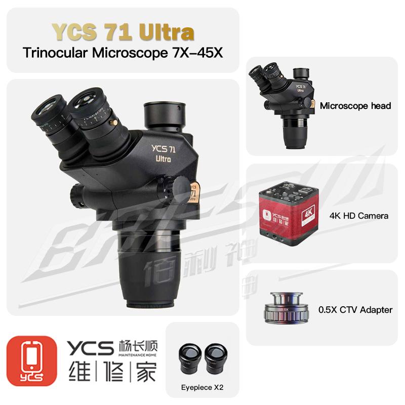 YCS 71Ultra Trinocular Microscope Head 0.67-45X Zoom 0.5X CTV 0.7 for Phone Electronic Repair Microscope 144 LED Light Tools Set
