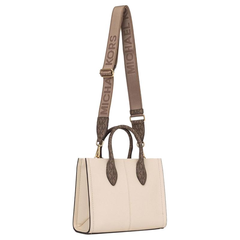 Michael Kors Mirella Logo Gold Hardware Calf Leather Tote Bag Shopping Bag Shoulder Handbag Small Women's Light Cream