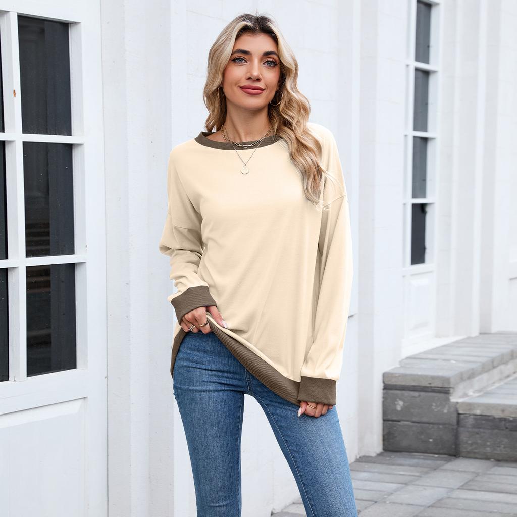 Women's Round Neck Loose Top Long Sleeved Color Blocked Ribbed Sweatshirt