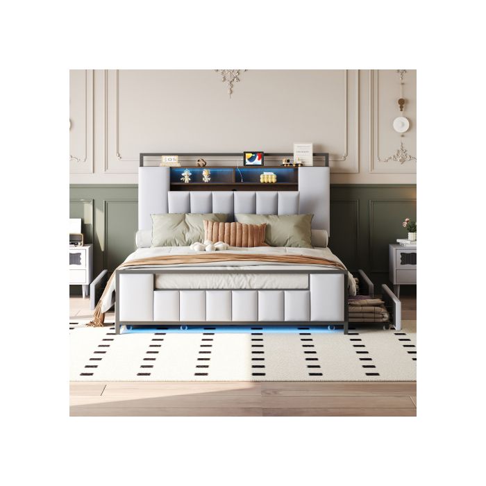 Lit Rembourré - MUVOE - 160x200 Cm - Éclairage LED - Prise USB - 4 Tiroirs Blancs