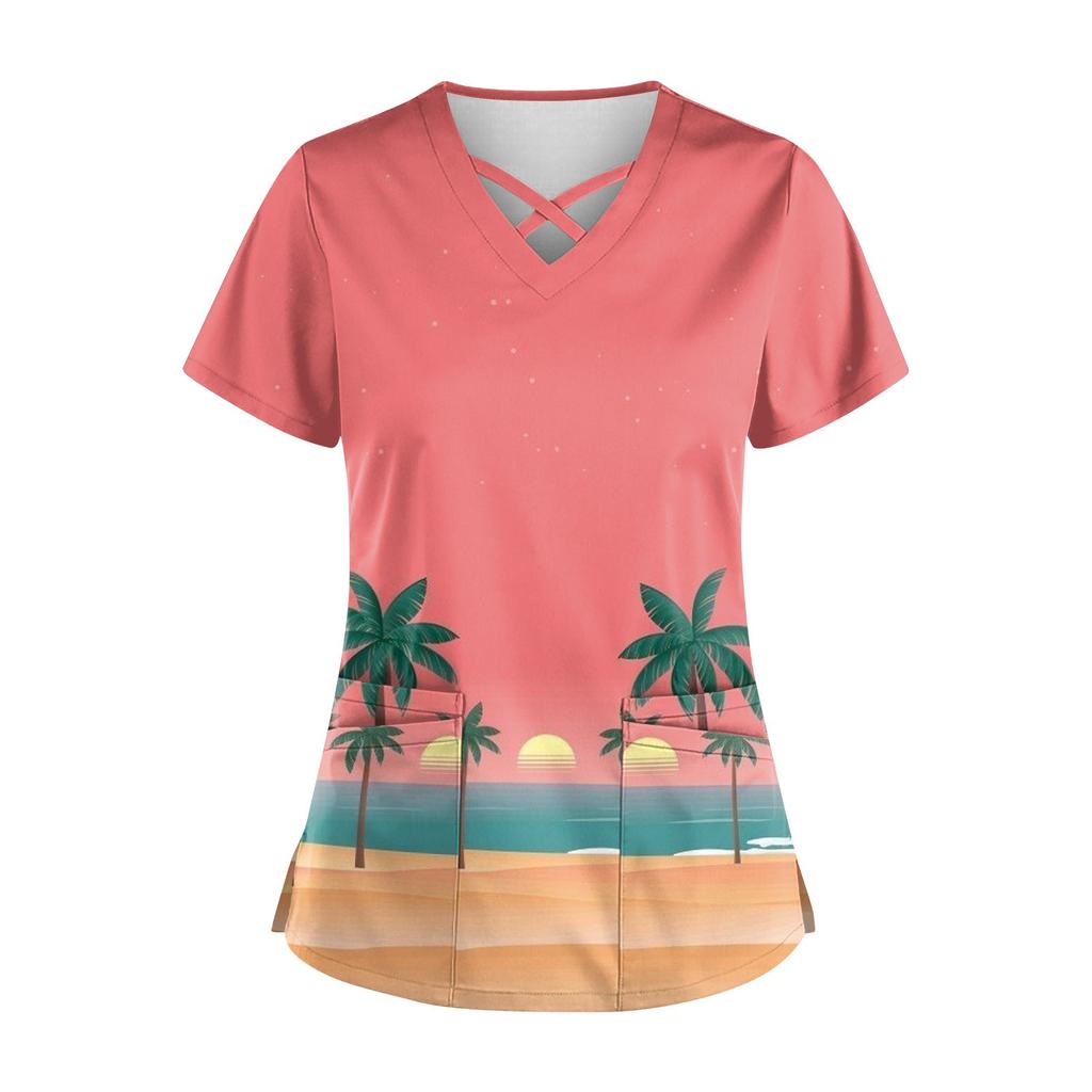 Women's Hawaii Printed Uniform Work Uniform V-Neck Pocket Protective Work Uniform