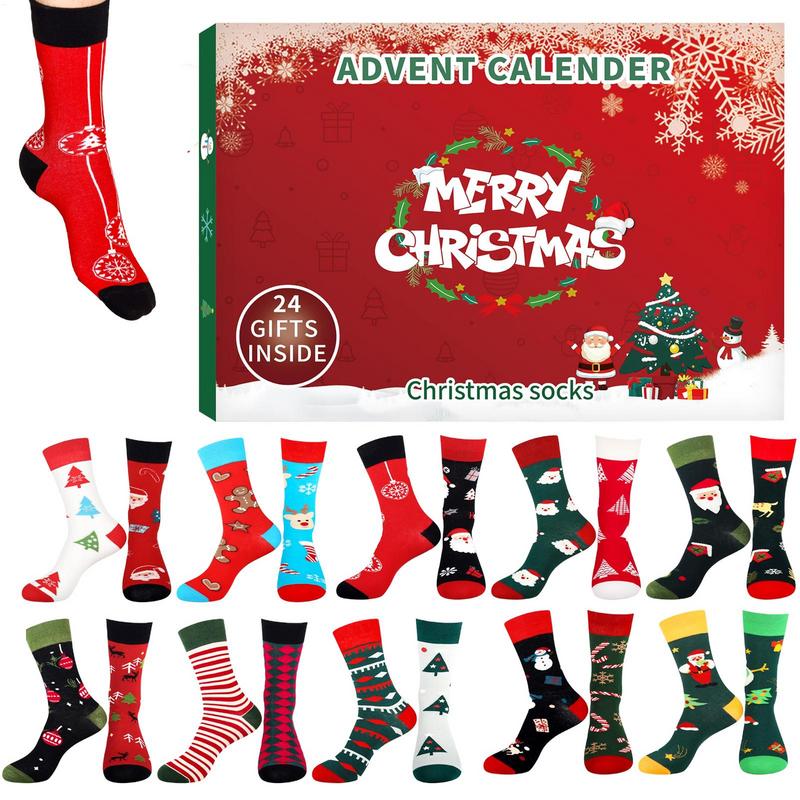24Pcs Christmas Stocking Advent Calendar 24 Days Countdown Christmas Socks Different Christmas Pattern Holiday Socks For Men