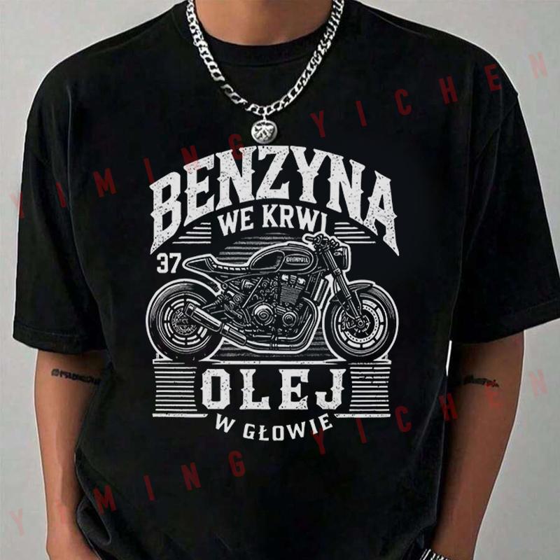 Black Retro Biker Design With BENZYNA Text T-Shirt Moto Riders Summer Men's Casual O-Neck Tops