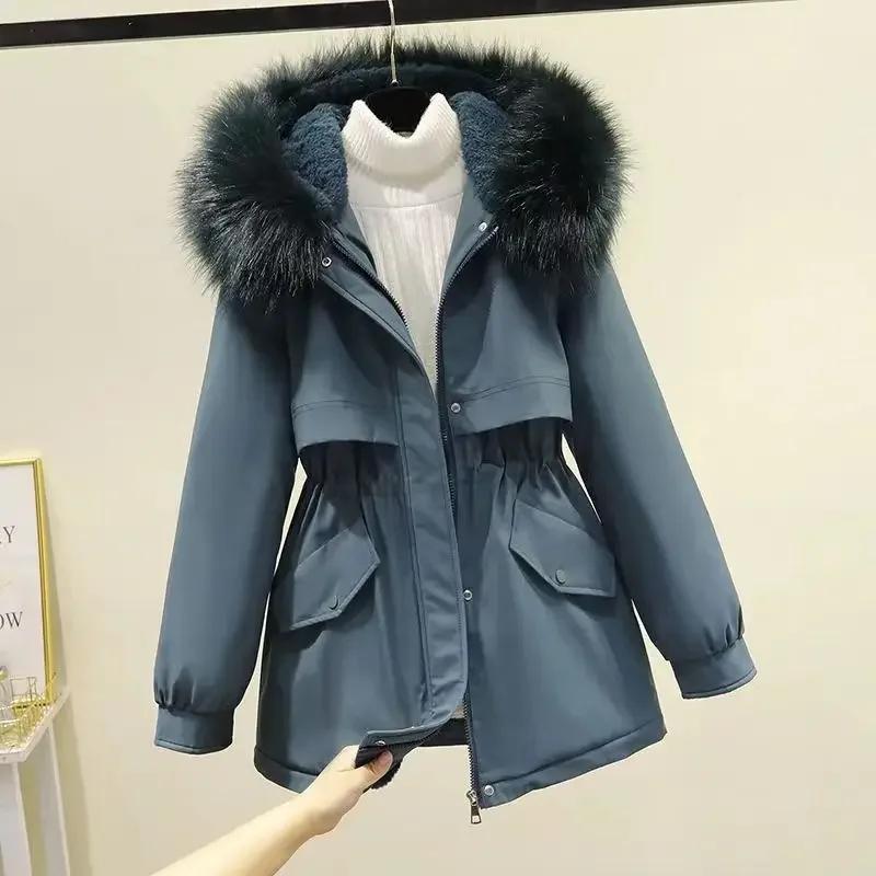 

Women Autumn Winter Coat Zipper Fur Collar Full Sleeve Mid Length Coats Parkas High Waist Casual Thick Pockets Maxi Fur Jackets XXXL зелений