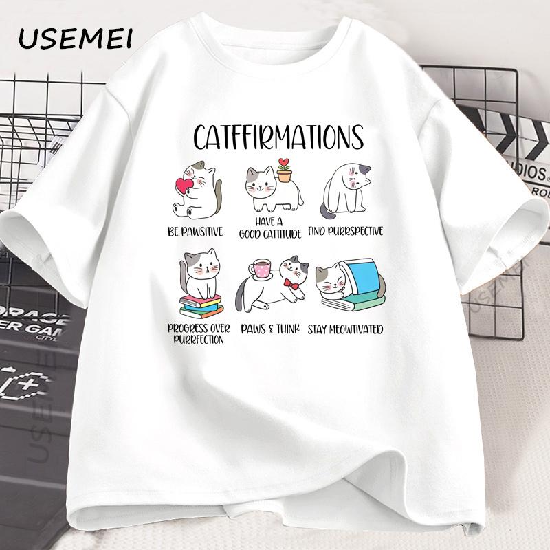 Positive Cats Catffirmations T-Shirt for Men Women Cat Lover Teacher T Shirt Funny Cat Graphic Tees Mens Designer Clothes Top
