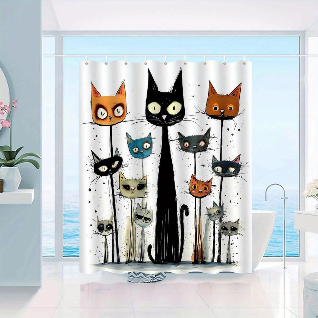 1Pc Seven Headed Cat Abstract Cute Art Pattern Shower Curtain, High End Elegant Bathroom Curtain, Bathroom Decoration Pattern