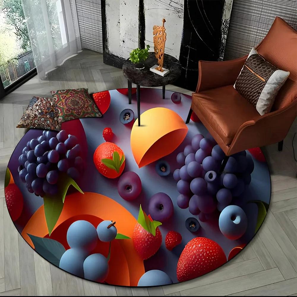 3D Niedlicher Tropenfrucht-Druck Runder Teppich Cartoon Früchte Teppich für Wohnzimmer Schlafzimmer Spielzimmer Badezimmer Dekor Rutschfeste Bodenmatte