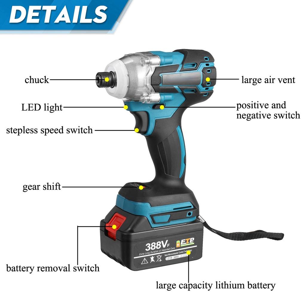 388VF Brushless Cordless Electric Screwdriver  1/4 Inch Power Tools Drill Driver + LED Light For 18V Battery