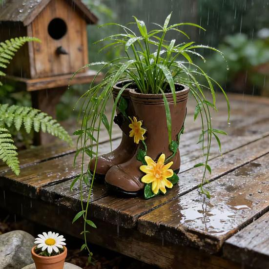 Small Rain Boots Planter Pot Rustic Cute Boot Flower Pot with Drainage Hole for Succulents Herb Flowers Decorative Table Centerpiece for Mom
