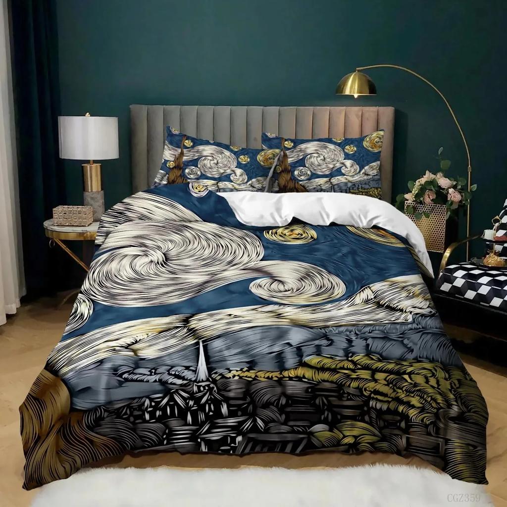Starry Night Van Gogh Duvet Cover Set Queen Size,Oil Painting Famous Modern Classic Sky Star Art Polyester Comforter Cover
