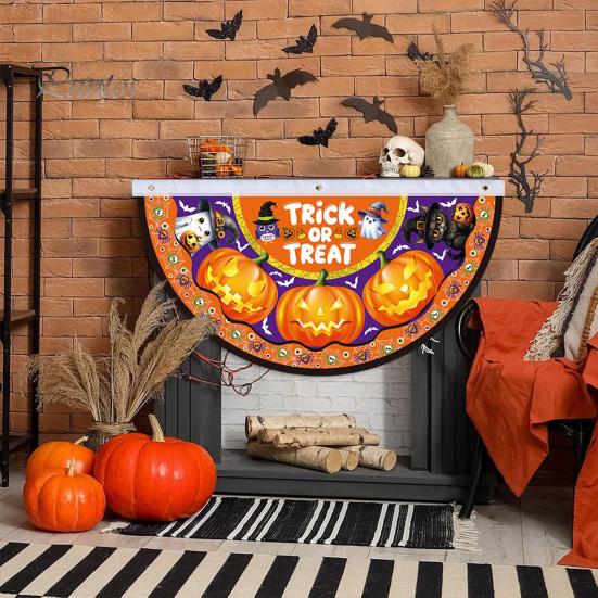 Large Halloween Yard Backdrop Semi Circle Bunting Banner, Pumpkin Bat Porch Decor, Haunted House Party Decor Spooky Festive Hanging Flag for