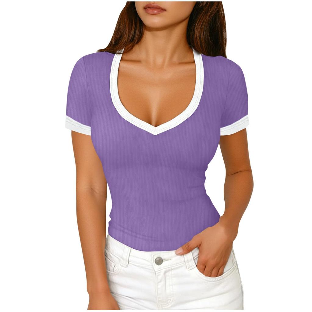 Women Short Sleeve V Neck Fitted T Shirt Trim Ribbed Knit Top for Casual Daily Wear S to XL