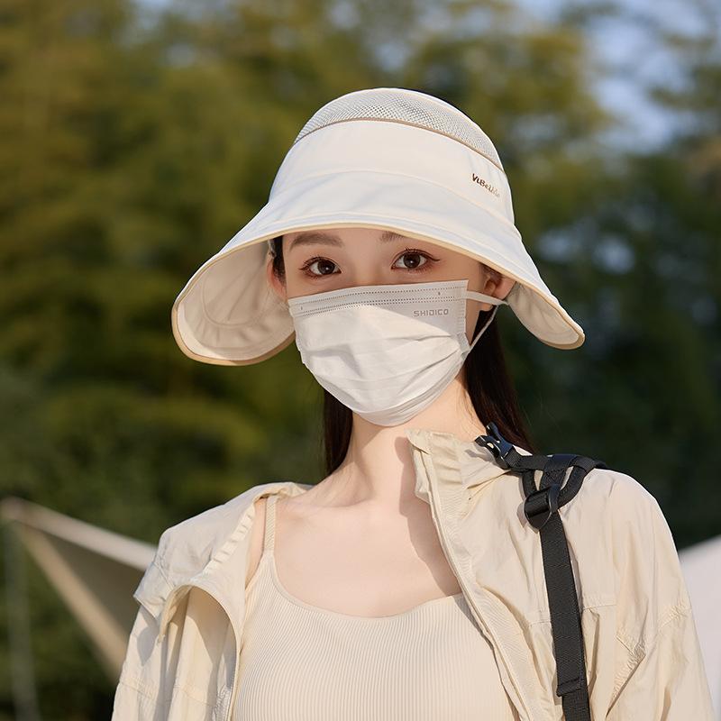 Ice silk can be hung mask empty top hat women breathable face cover ponytail sunscreen hat travel UV protection bucket hat
