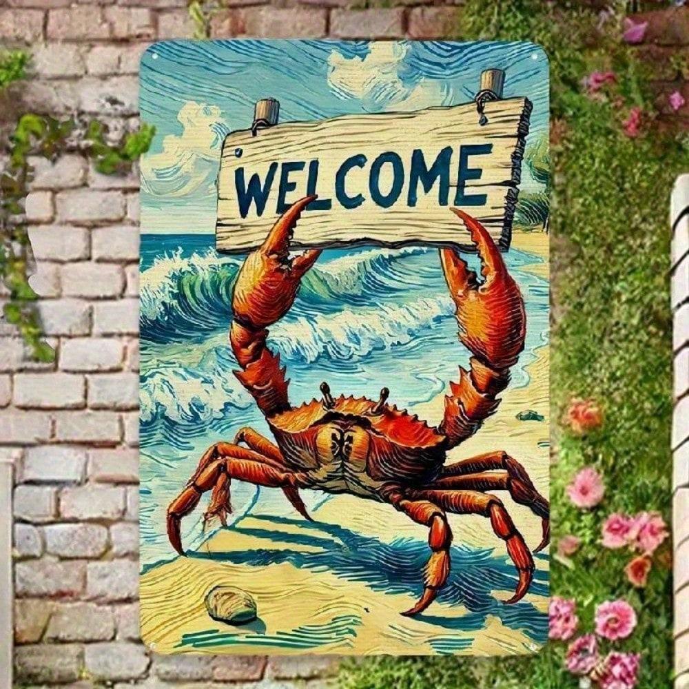 Funny Crab Tin Sign 8x12 Retro Beach Metal Wall Art for Home Bar Garage