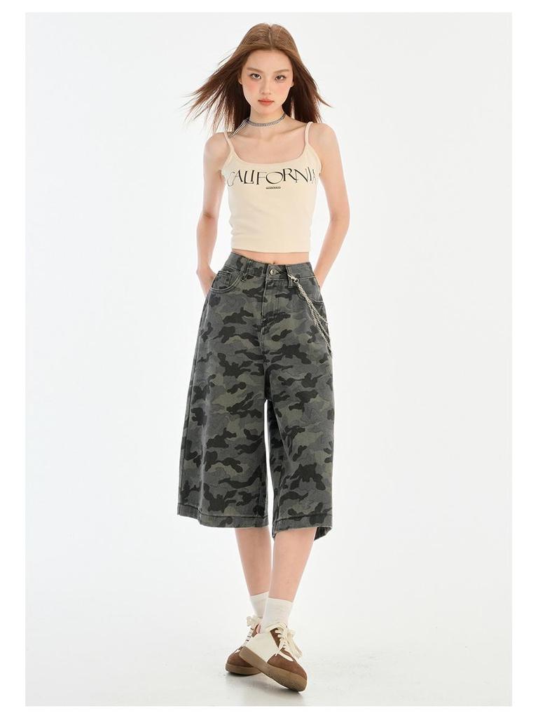 Women's Wide Leg Camouflage Jeans - Summer 2025 Seven-Point Slimming Pants