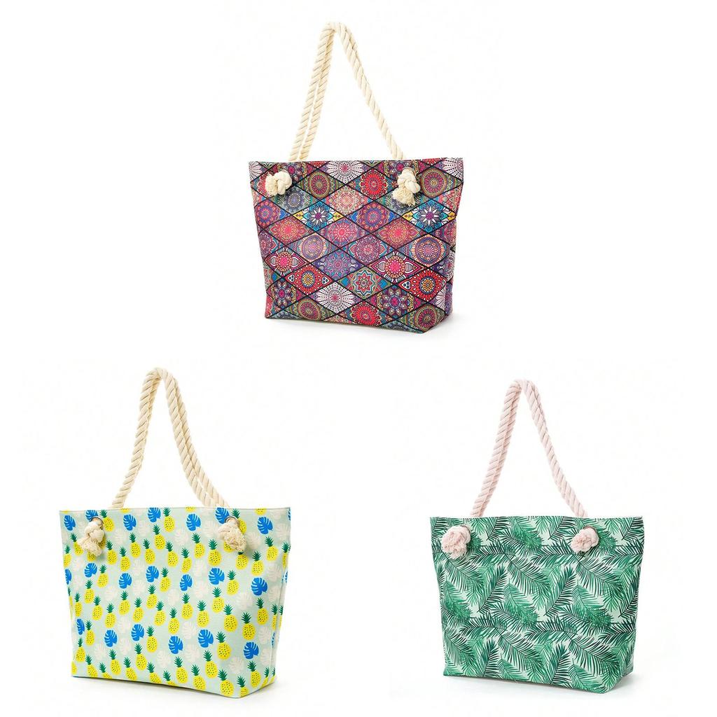 Bohemian Geometric Large Capacity Travel Tote With Zipper Closure For Beach And Casual Use
