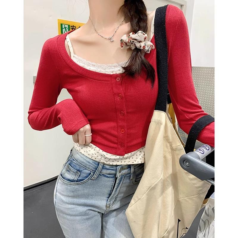 Red Short Cardigan for Women with Floral Suspenders Spring and Summer New Style Sweet Hottie Slim Fit Bm Long Sleeve Inner Two-piece Set