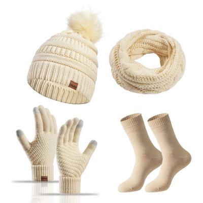 Women Winter Beanie Hat Scarf Gloves Socks 4 Piece Set Thick Warm Knit Cap Set One Size Multicolor