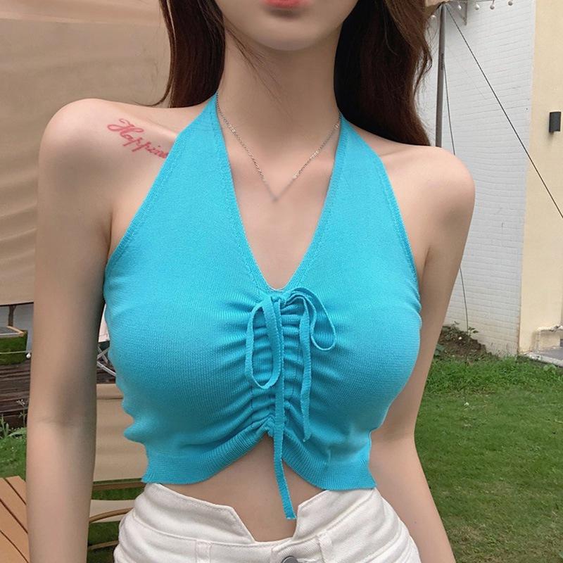 Women Solid Color V Neck Vest Tank Tops Halter Slim Exposed Navel Knitted Camisole Crop Top