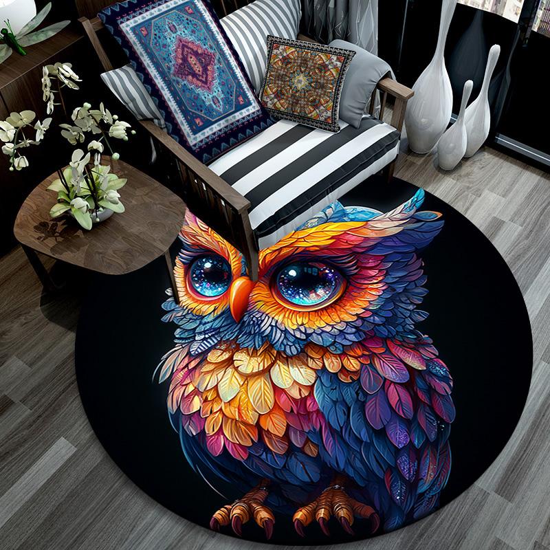 Owl Artwork Round Area Rug,Carpet Rug for Living Room Bedroom Sofa Playroom Decor,Non-slip Floor Mat