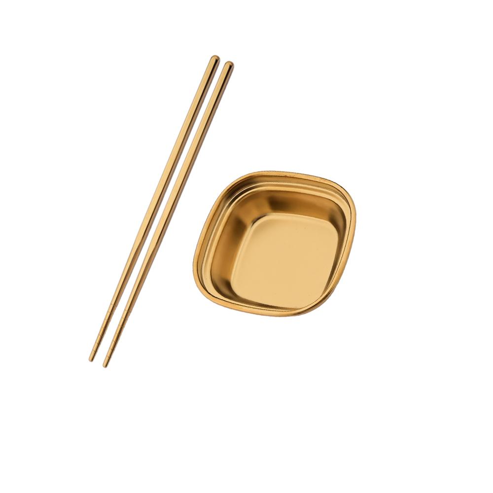 Golden Korean Style Stainless Steel Divided Dip Bowls Sauce Plate Seasoning Dipping Condiment Tray for BBQ Vinegar Spice Ketchup