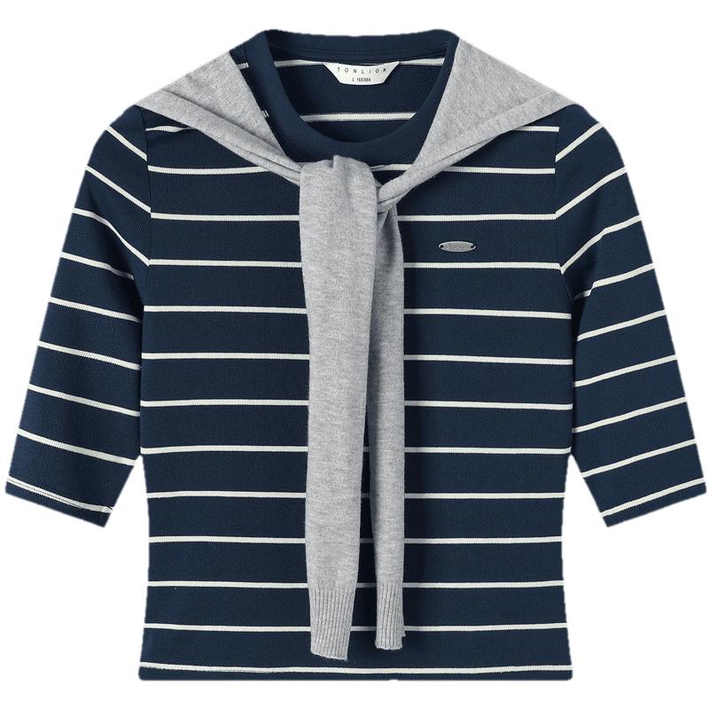 TonLion 2026 Summer Women s Striped T-Shirt with Shawl M