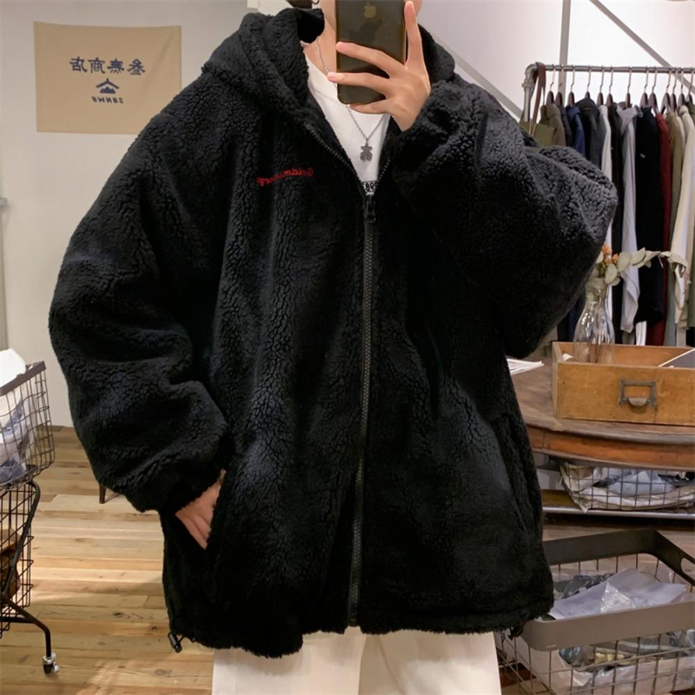 Lamb wool cotton-padded clothes men's Hong Kong style thickened warm cotton-padded clothes loose hooded versatile cotton-padded jackets