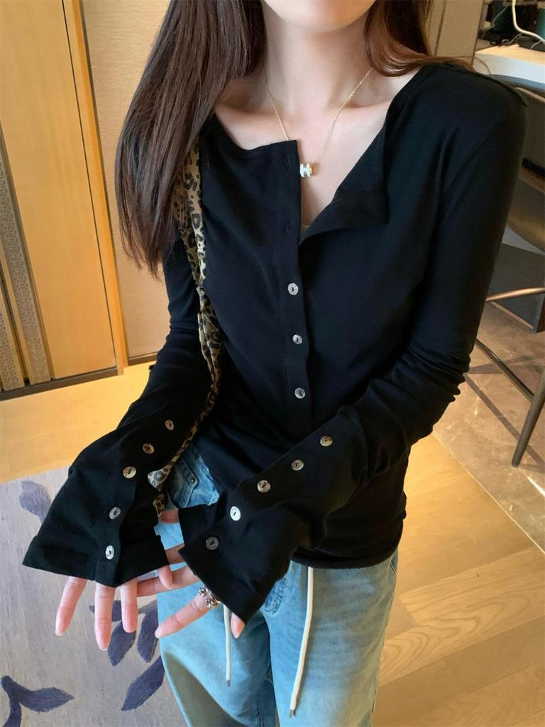 Autumn Korean Style Slimming Long-Sleeve Button-Up T-Shirt