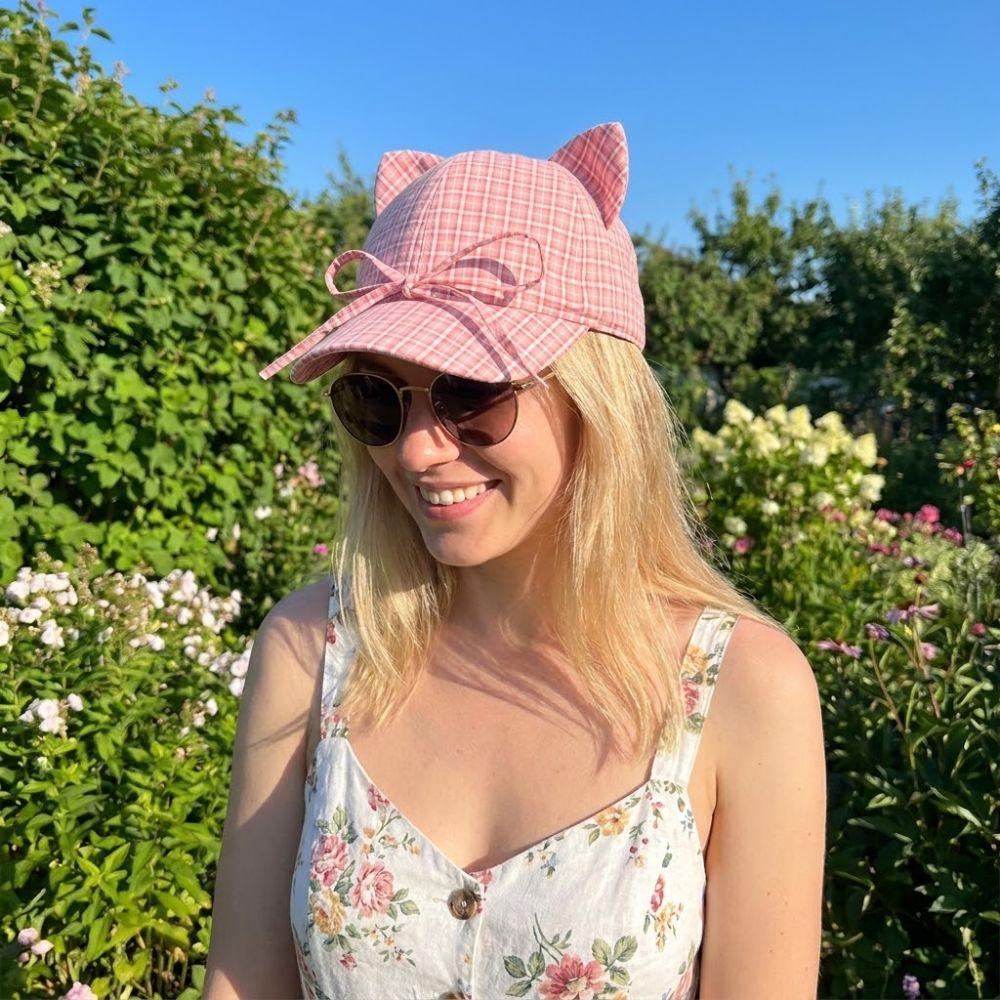 Cute Cat Ears Baseball Cap Plaid Breathable Sun Hat Bow Tie Style UV Protection Peaked Cap Unisex Outdoor