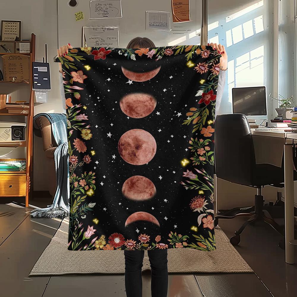 1Pc Floral Moon Print Flannel Blanket, High Quality Comfortable for All Seasons, Home Decor, Warmth and Comfort, Perfect for Gifts