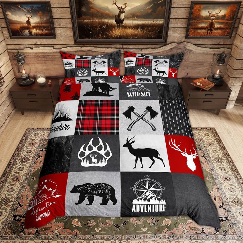 Homewish Rustic Deer Bear Duvet Cover Set Woodland Animal Checkered Quilt Cover Set Farmhouse Lodge Cabin Bedding Set