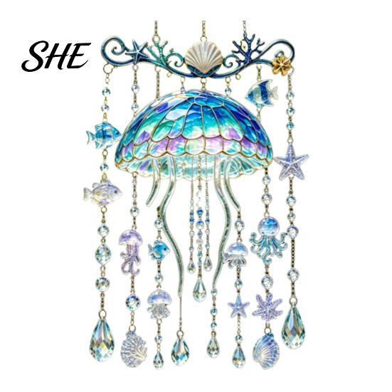 Birthday Gifts for Friends Ocean-Themed Crystal Wind Chime, Stained Acrylic Jellyfish Seahorse Pufferfish Hanging Suncatcher Unique Marine Style