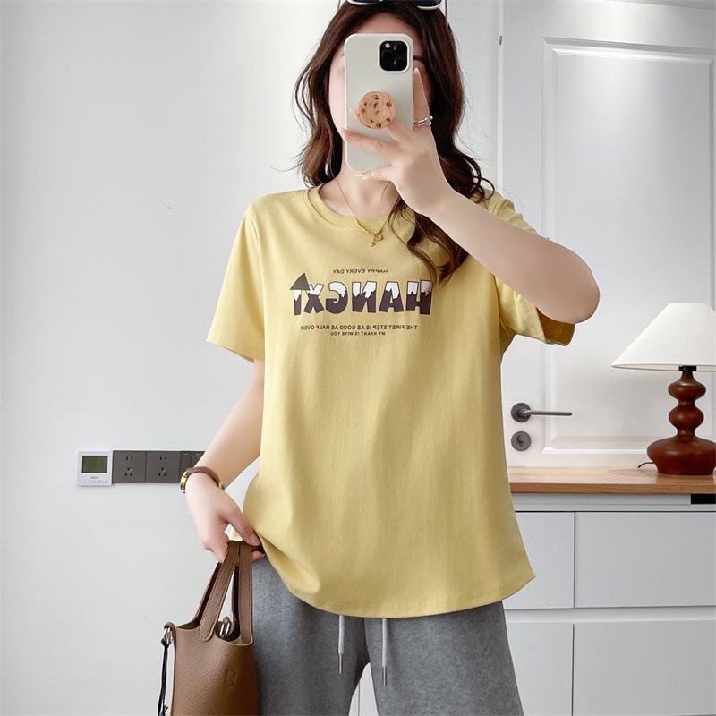 

Women s Plus Size Cartoon Letter Print Round Neck T-Shirt - Short Sleeve Summer 2026 Cotton Top for Fat Girls XL жёлтый